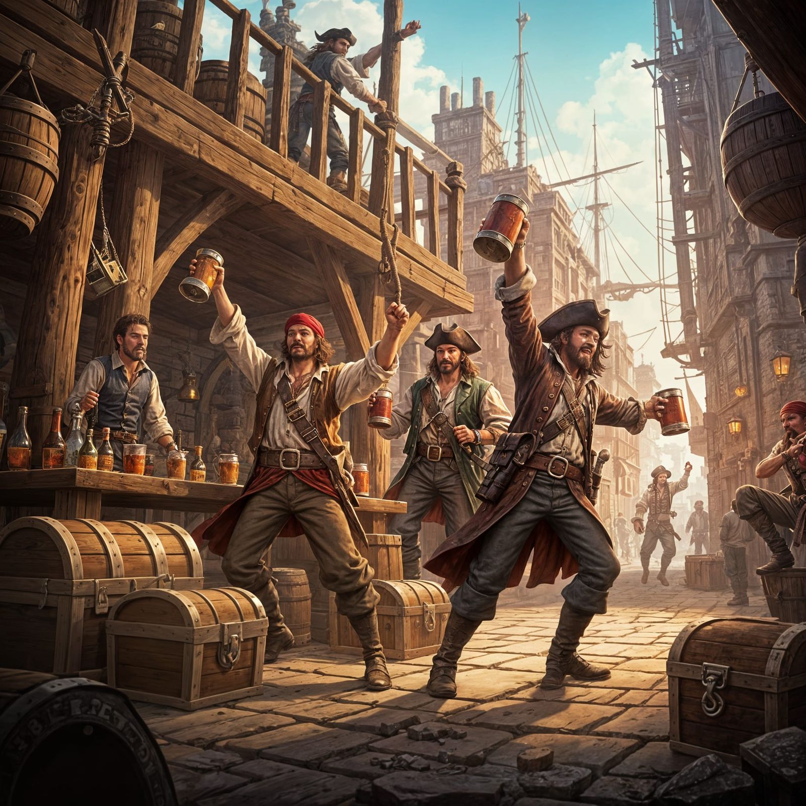 Pirates Celebrate in a Lively Tavern with Treasure Chests