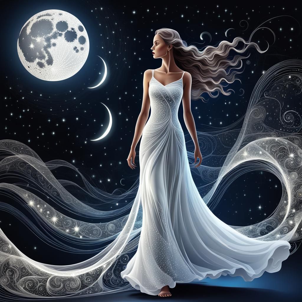 Celestial Night: Woman in White Gown