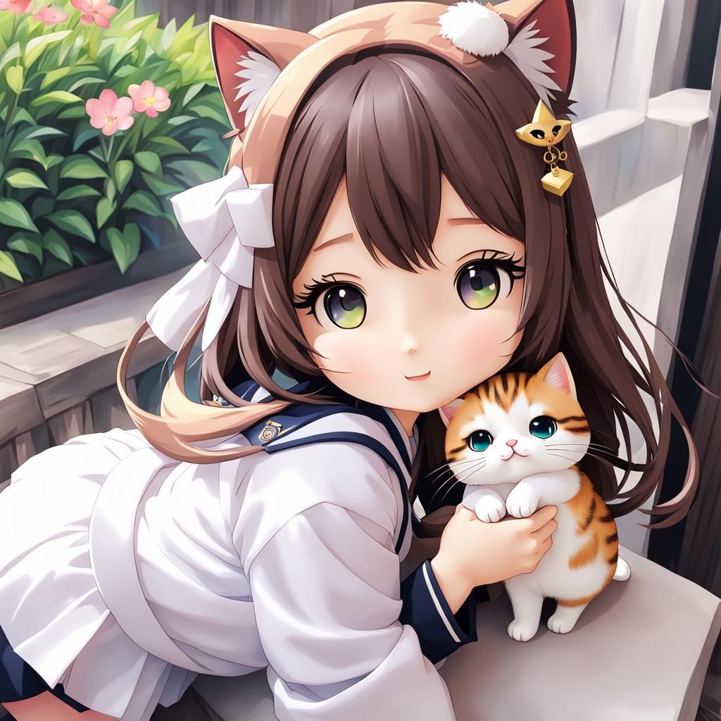 Cute Chibi Japanese Girl and Cat in Living Room