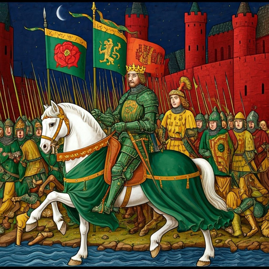 Medieval King Leads Cavalry Charge in Book Illustration Styl...