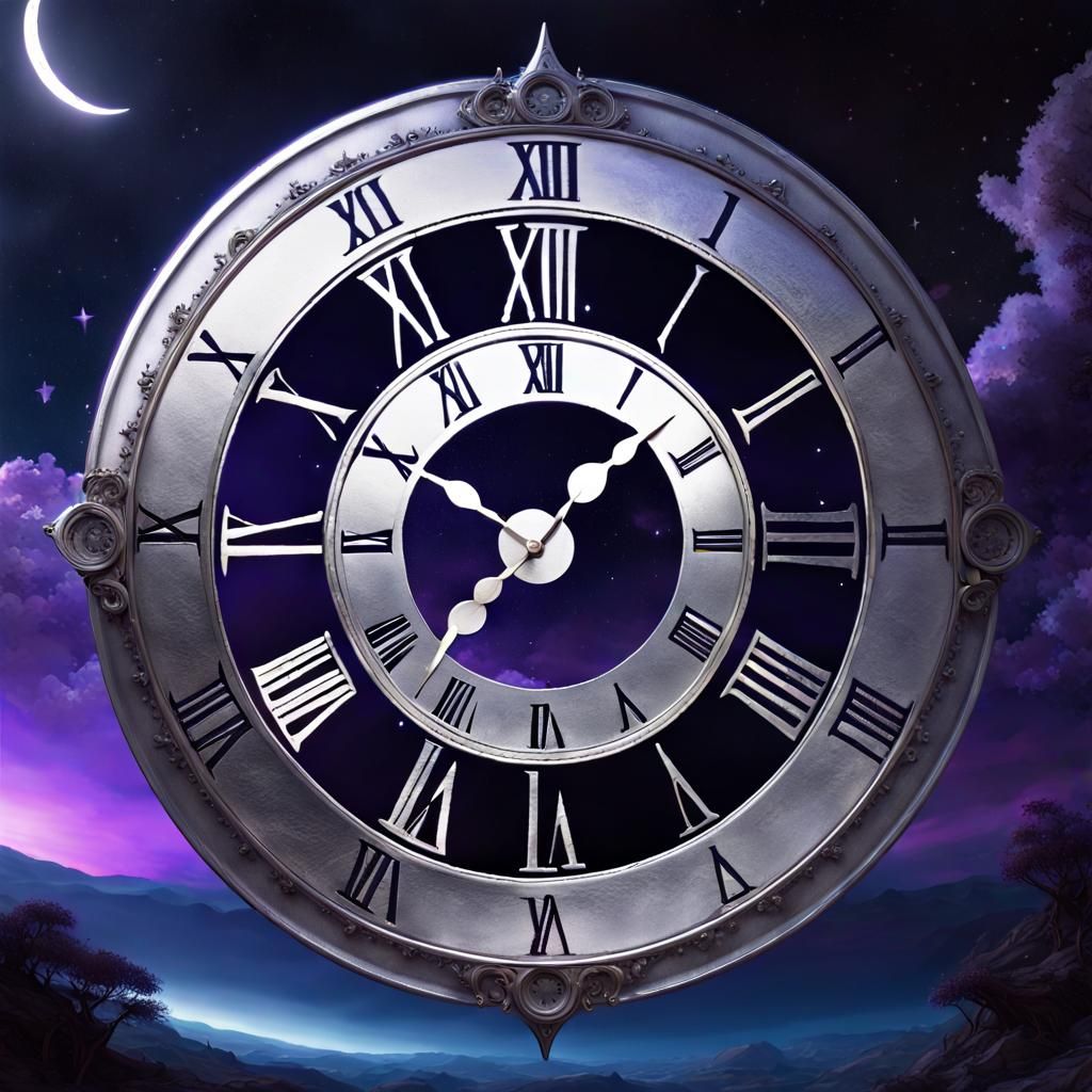 Mystical Moon Clock in Starry Sky, Dark Fantasy Art
