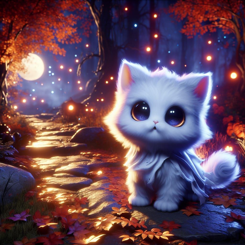 Ghost Kitten in Spooky Autumn Woods