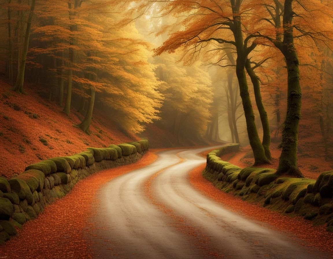 Autumn Road in Forest, Pre-Raphaelite Style