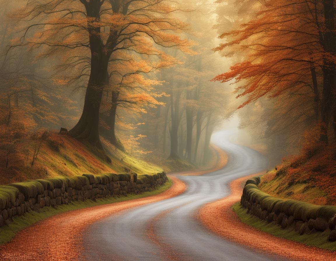 Autumn Road Through Forest in Pre-Raphaelite Style