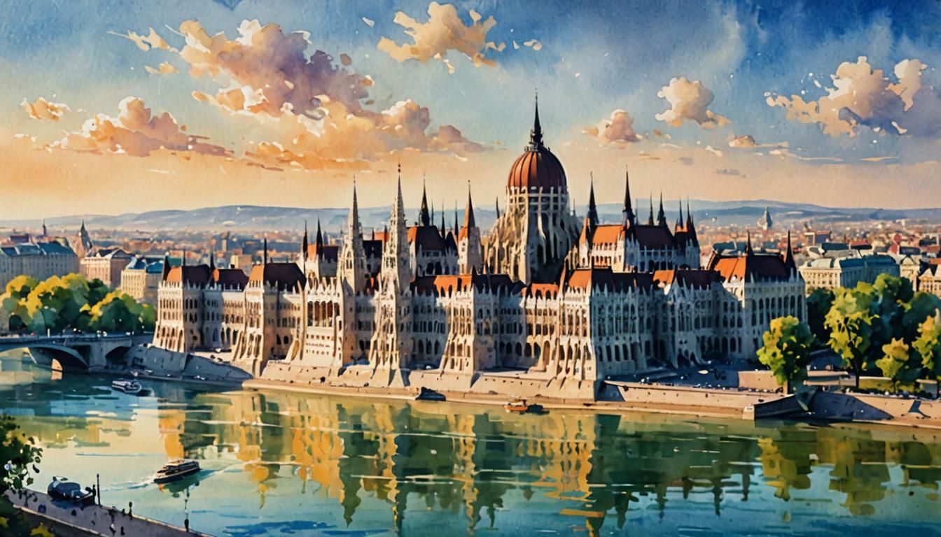 Budapest Parliament in Gouache Style Watercolor