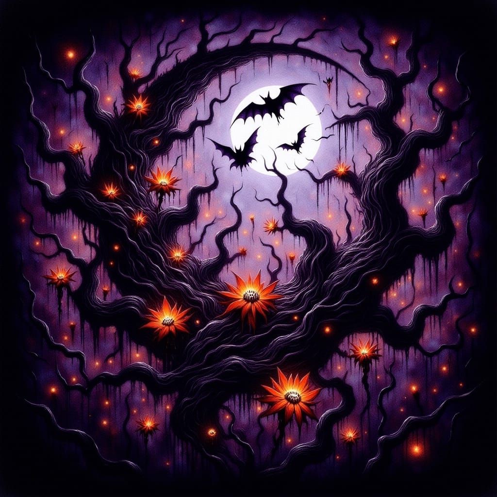 Mystical Halloween Moon in Dark Fantasy Watercolor