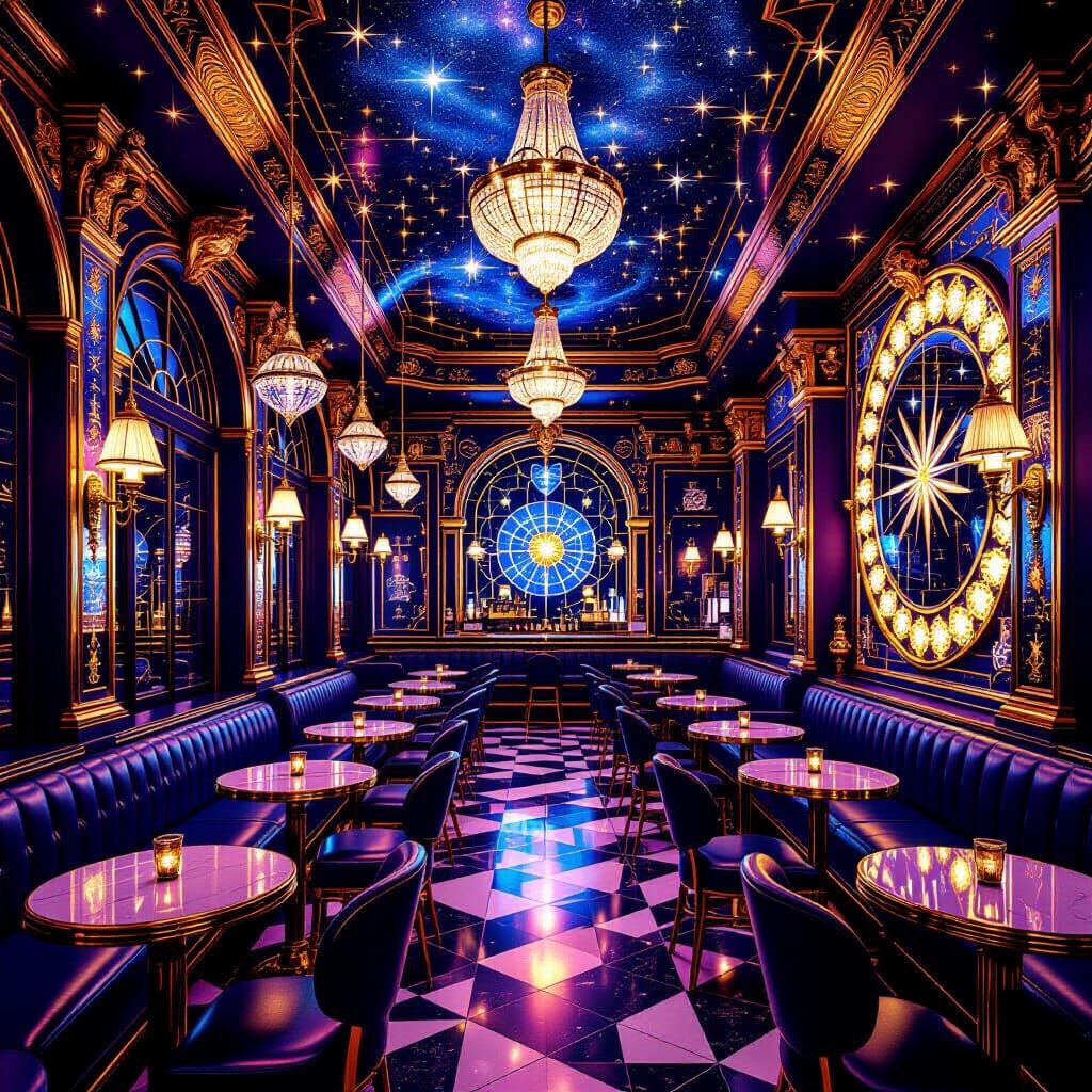 Glamorous Art Deco Cosmic Cafe with Neon and Disco Lights