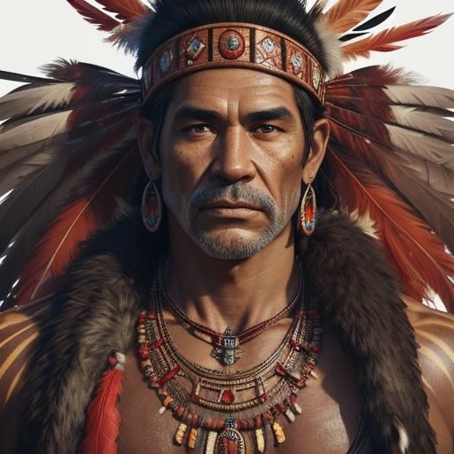 Hyperrealistic Portrait of Indigenous Man with Headdress