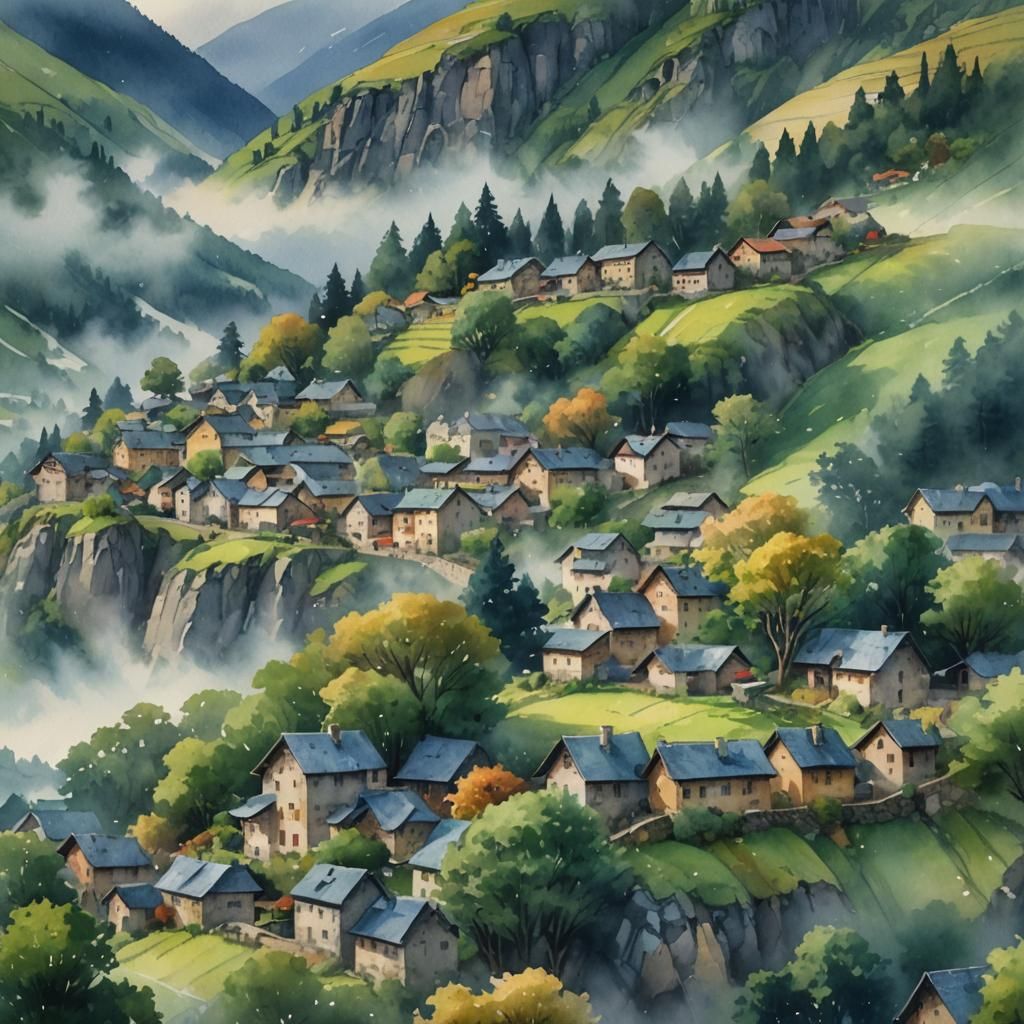 Misty Watercolor Village Landscape Painting