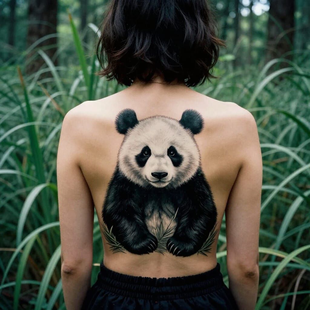 Realistic Panda Tattoo Amidst Lush Green Reeds