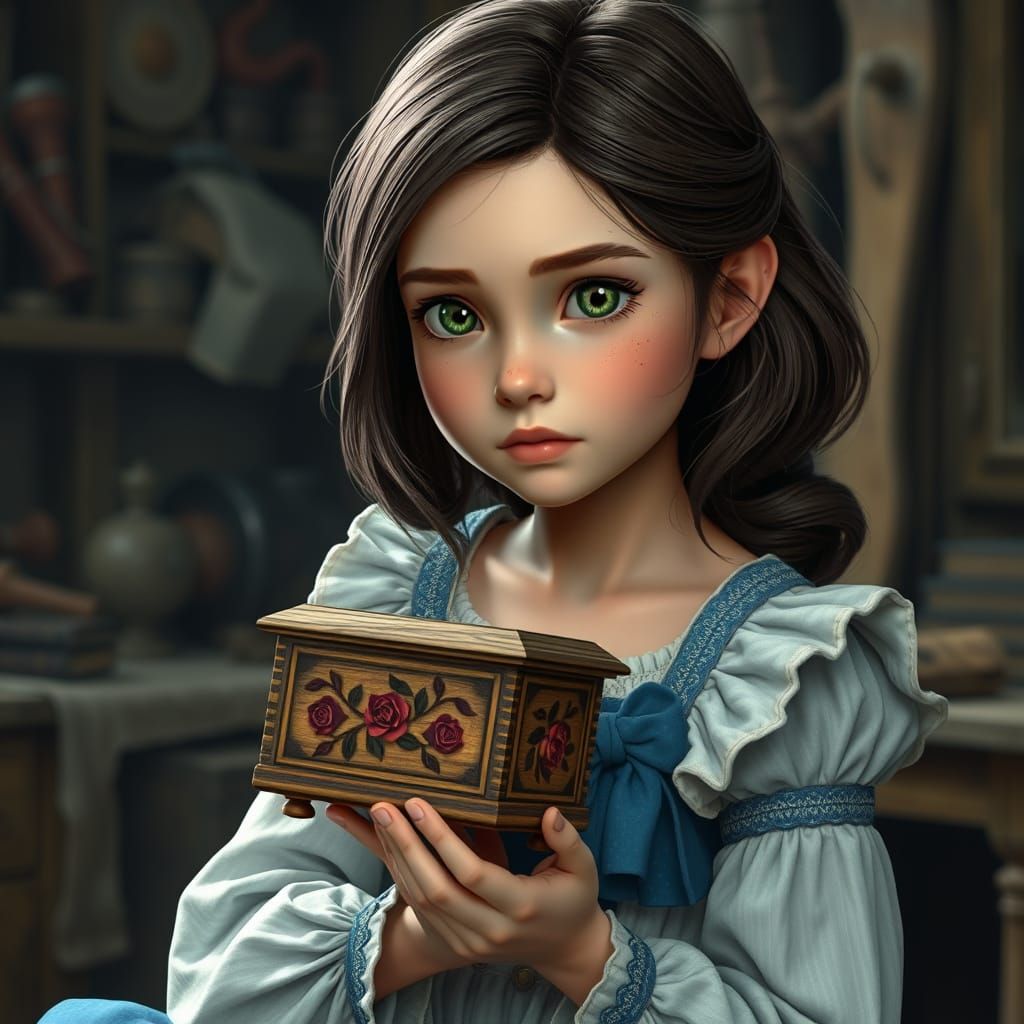 Mystical Music Box Maiden in Woodland Workshop
