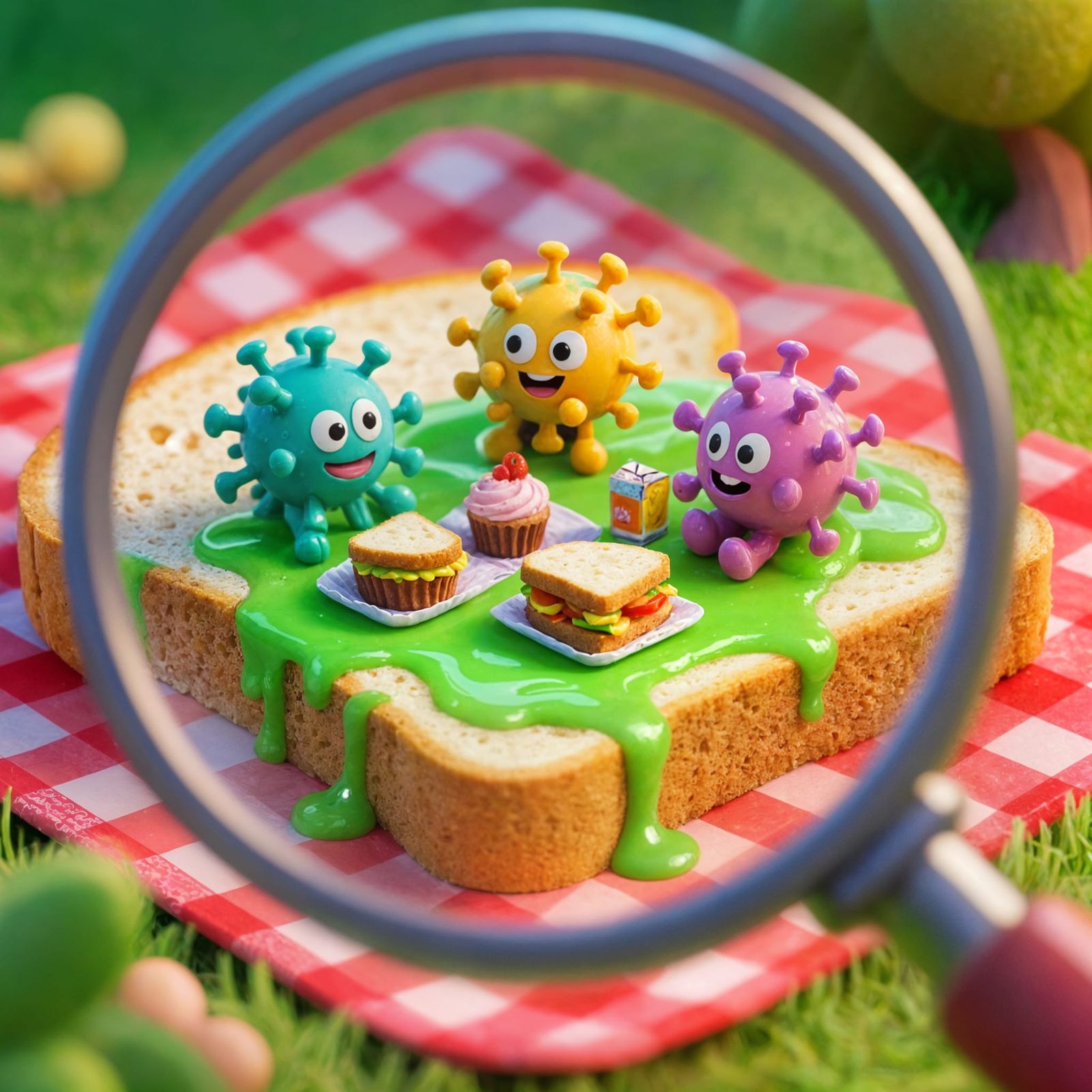 Tiny Viruses Picnic on Toast in Digital Comic Style