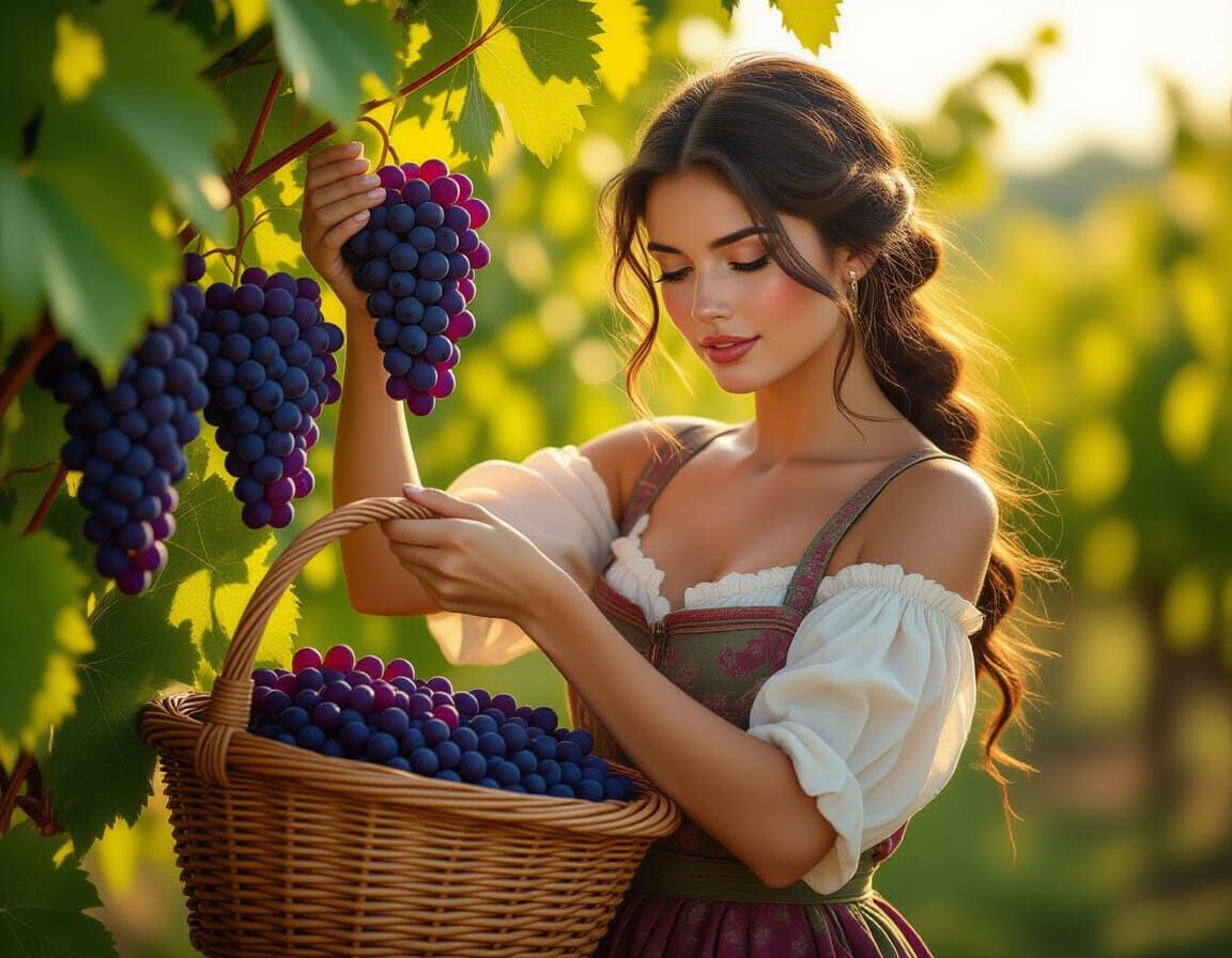 Peasant Woman Picks Grapes in Warm Afternoon Light
