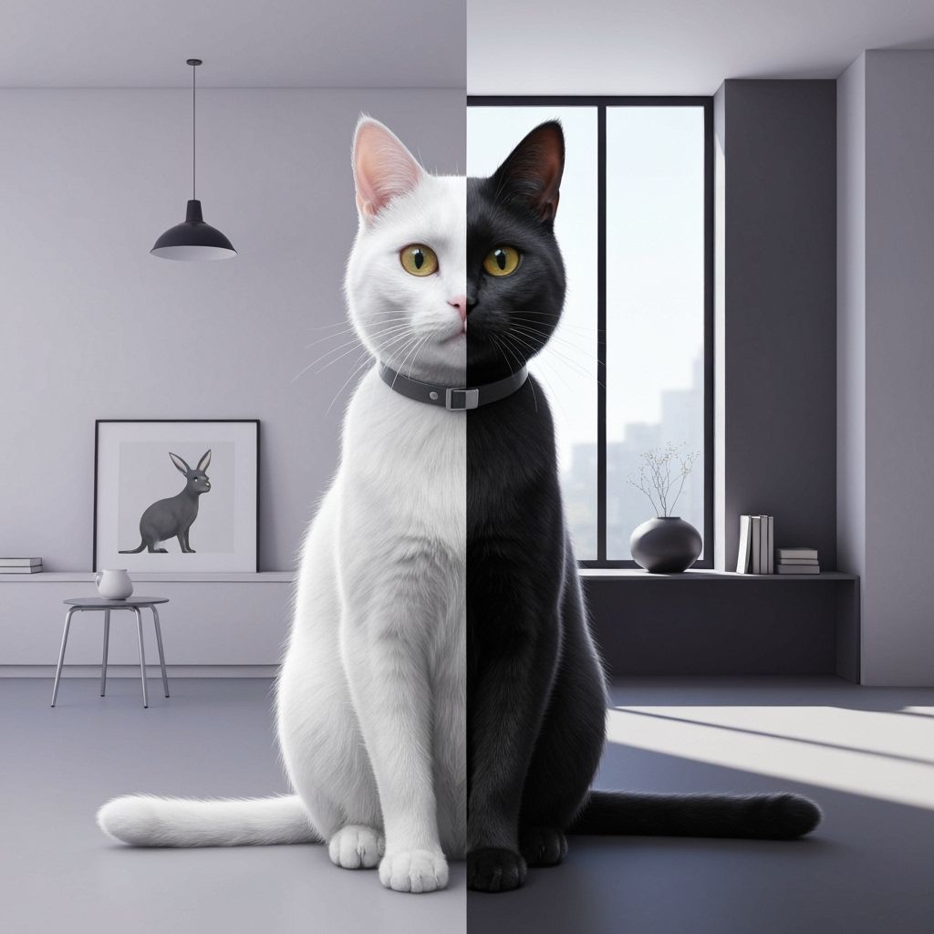 Split Cat in Minimalist Room, Stylized Realism