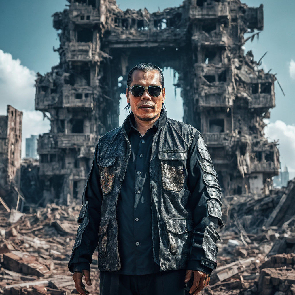 Cyborg Warrior in Ruins of Futuristic City