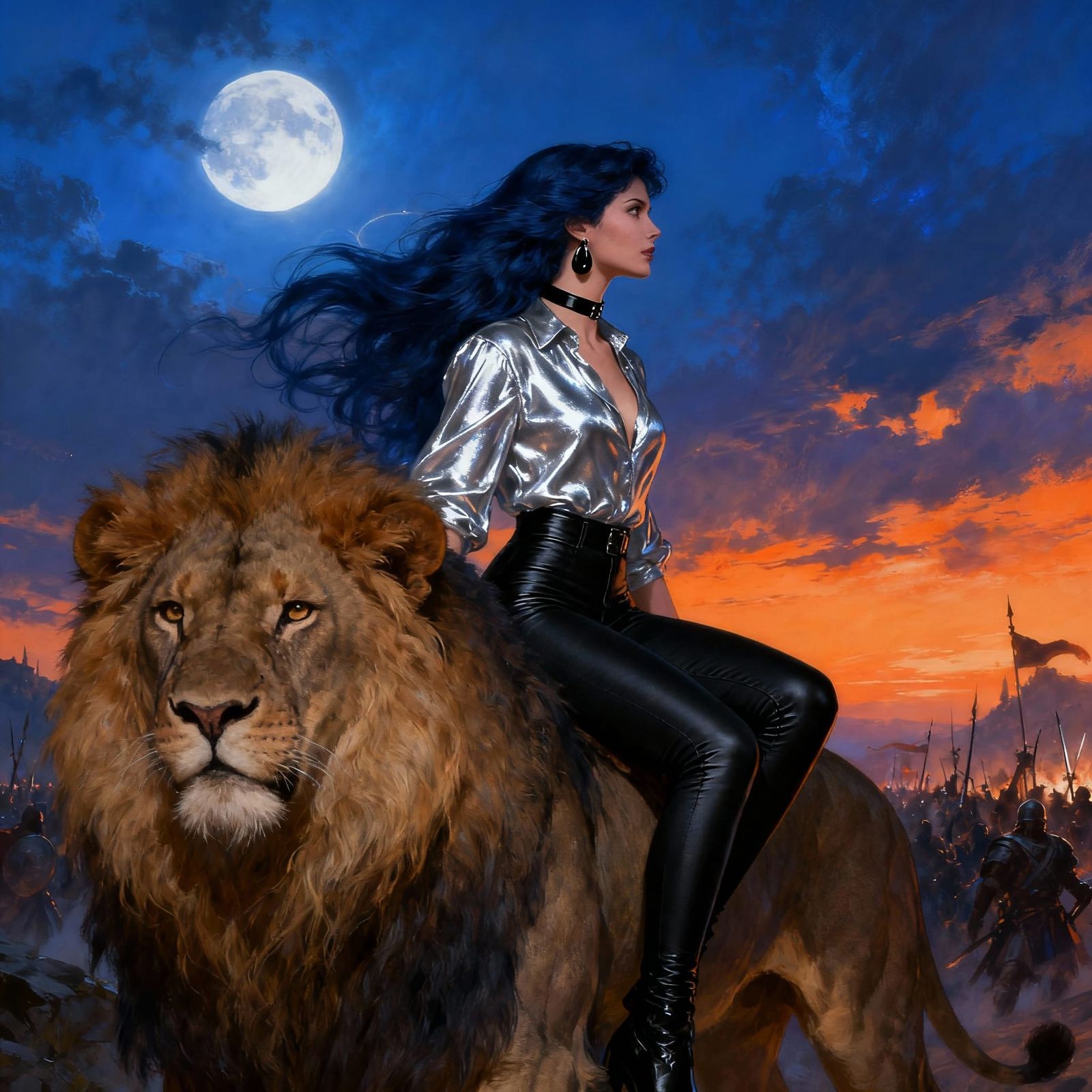 Fantasy Warrior Woman on Lion Under Twilight Sky