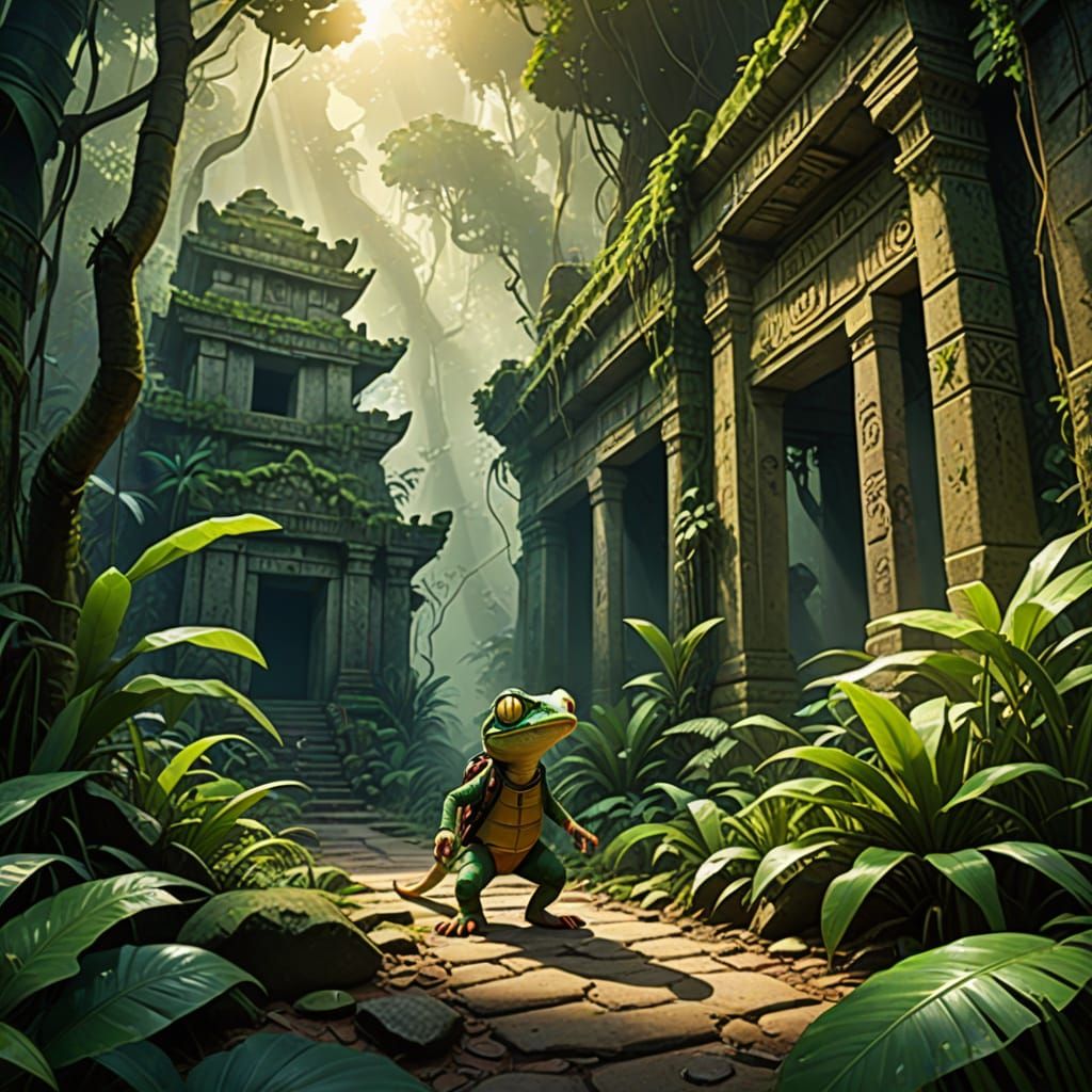 Daring Jungle Agent Gecko Explores Ancient Ruins in Stylized...