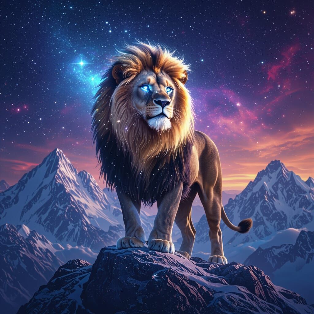 Majestic Lion with Starlight Mane on Crystal Mountain