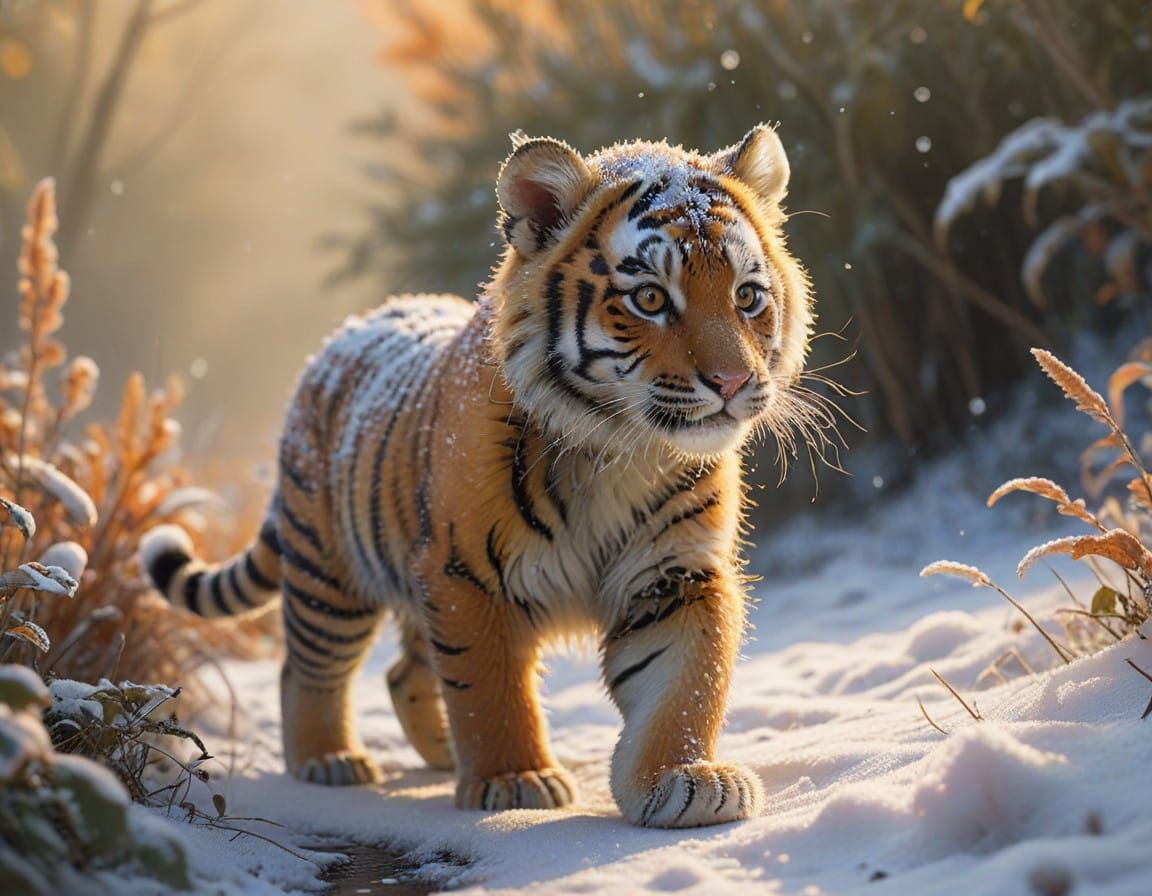 Tiger Cub Discovers Winter Wonderland in Soft Golden Light
