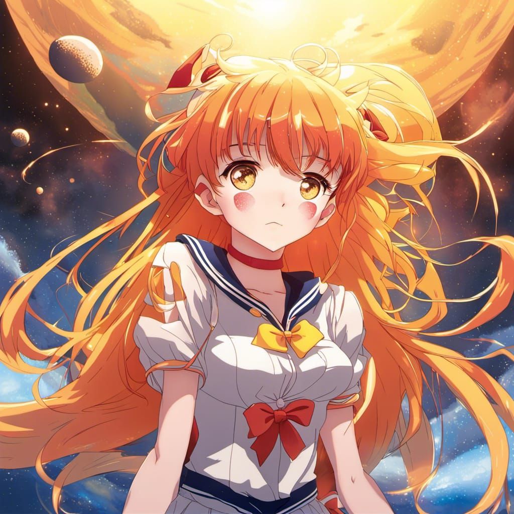 Anime Style Red Hair Girl with Yellow Planet