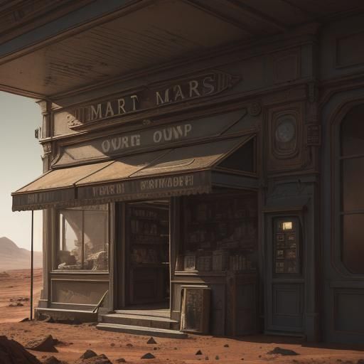 Hyperrealistic Shop on Mars in Sharp Focus