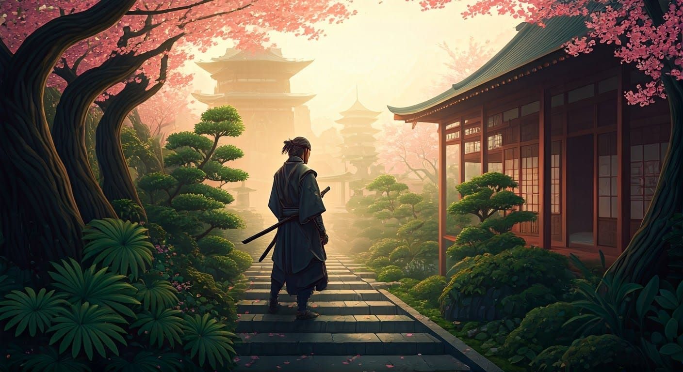 Samurai in Edo Garden with Cherry Blossoms