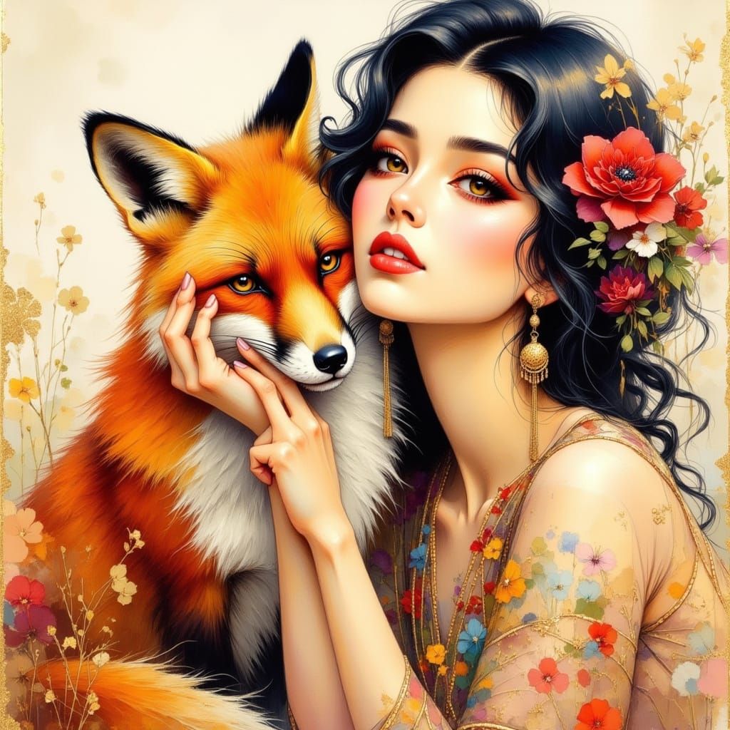 Korean Woman and Fox in Art Deco Style