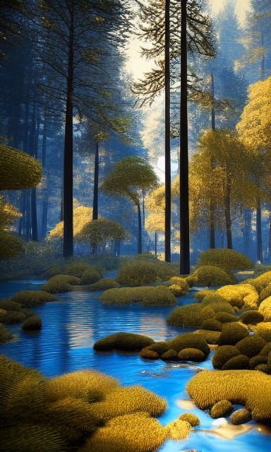 White, Gold, and Blue Redwood Forest: Cel-Shaded Art