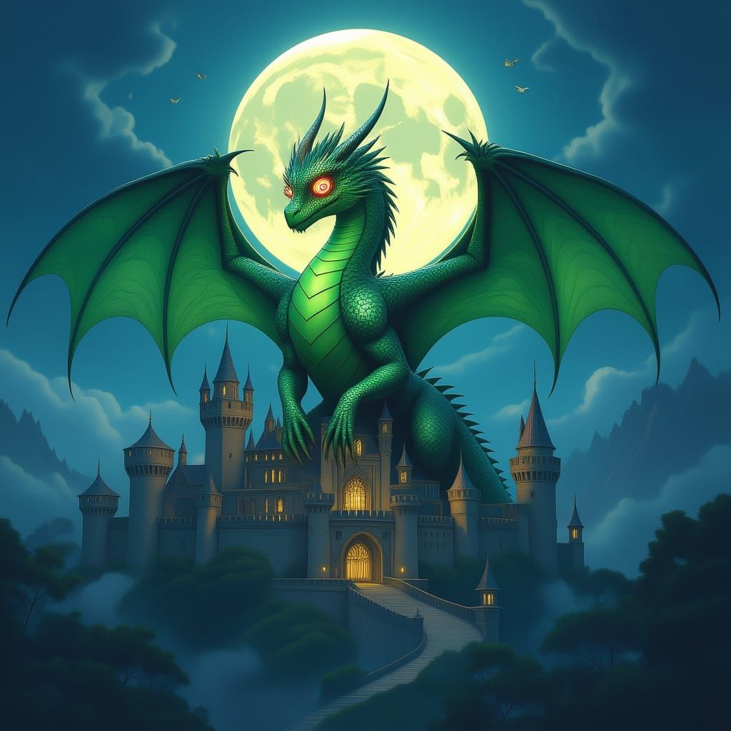 Hypnotized Female Dragon Above Medieval Castle