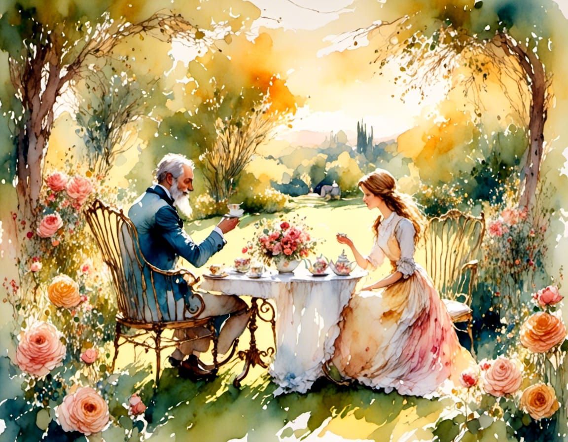 Couple Enjoying Tea in English Garden Watercolor