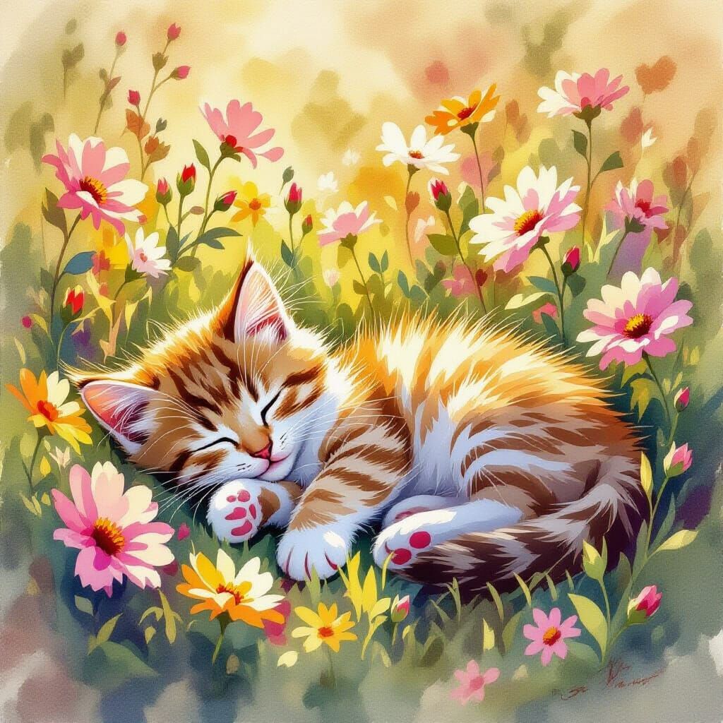 Cute Kitten Sleeps in Sunny Flower Garden