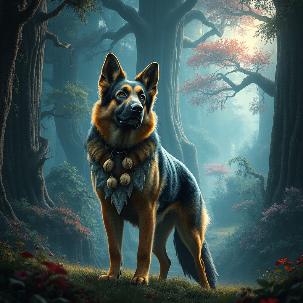 German Shepherd in Mystical Forest, Fantasy Concept Art