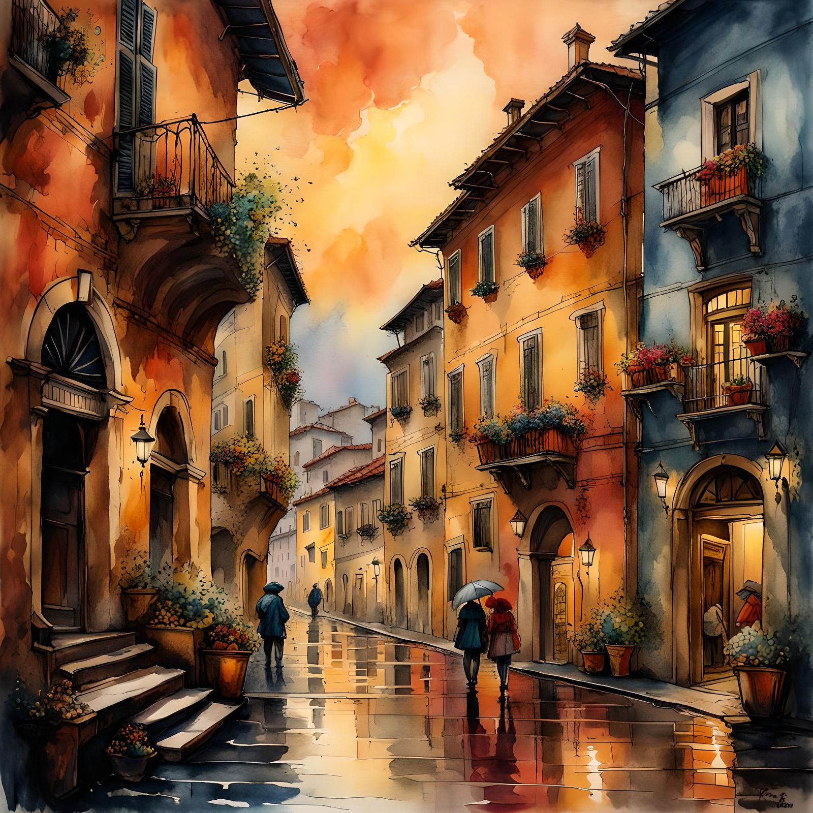 Rainy Day in Old Town Italy: Watercolor Illustration