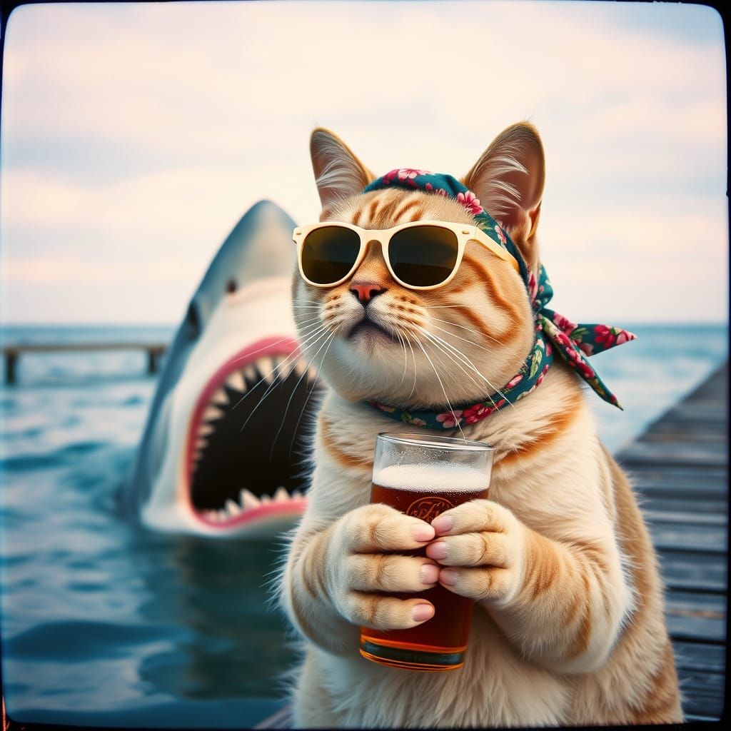 Regal British Shorthair Cat Sips Beer Beside Shark