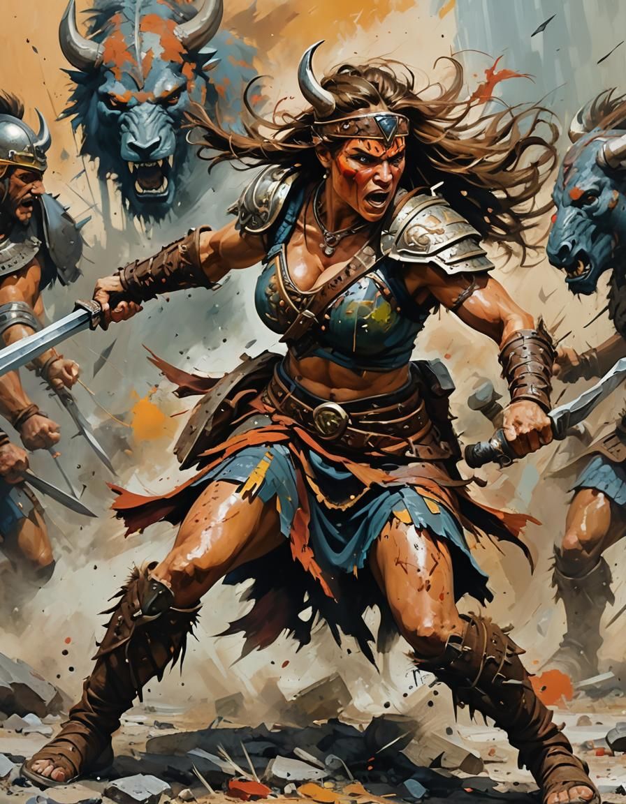 Female Barbarian Charging into Battle in Abstract Art