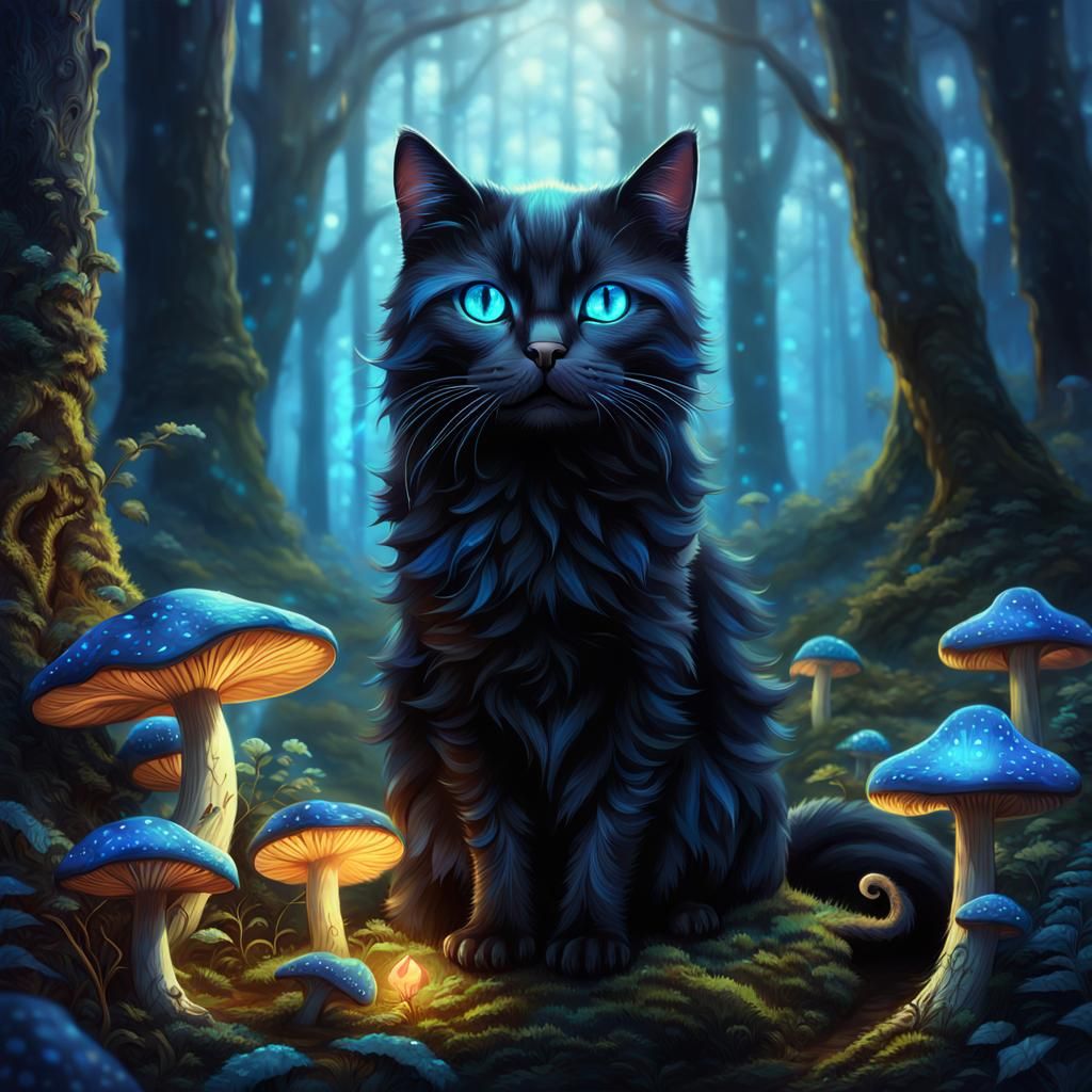 Black Cat on Glowing Mushroom, Cartoon Style