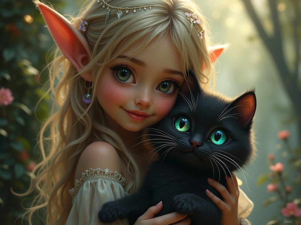 Young Elf Maiden and Kitten in Whimsical, Dreamy Landscape