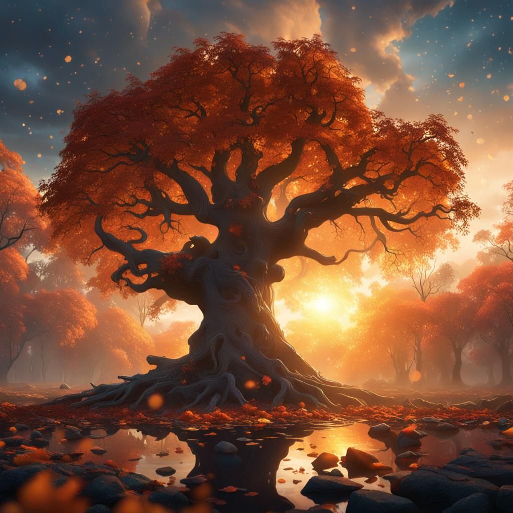 Mystic Autumn Tree: Detailed Fantasy Concept Art