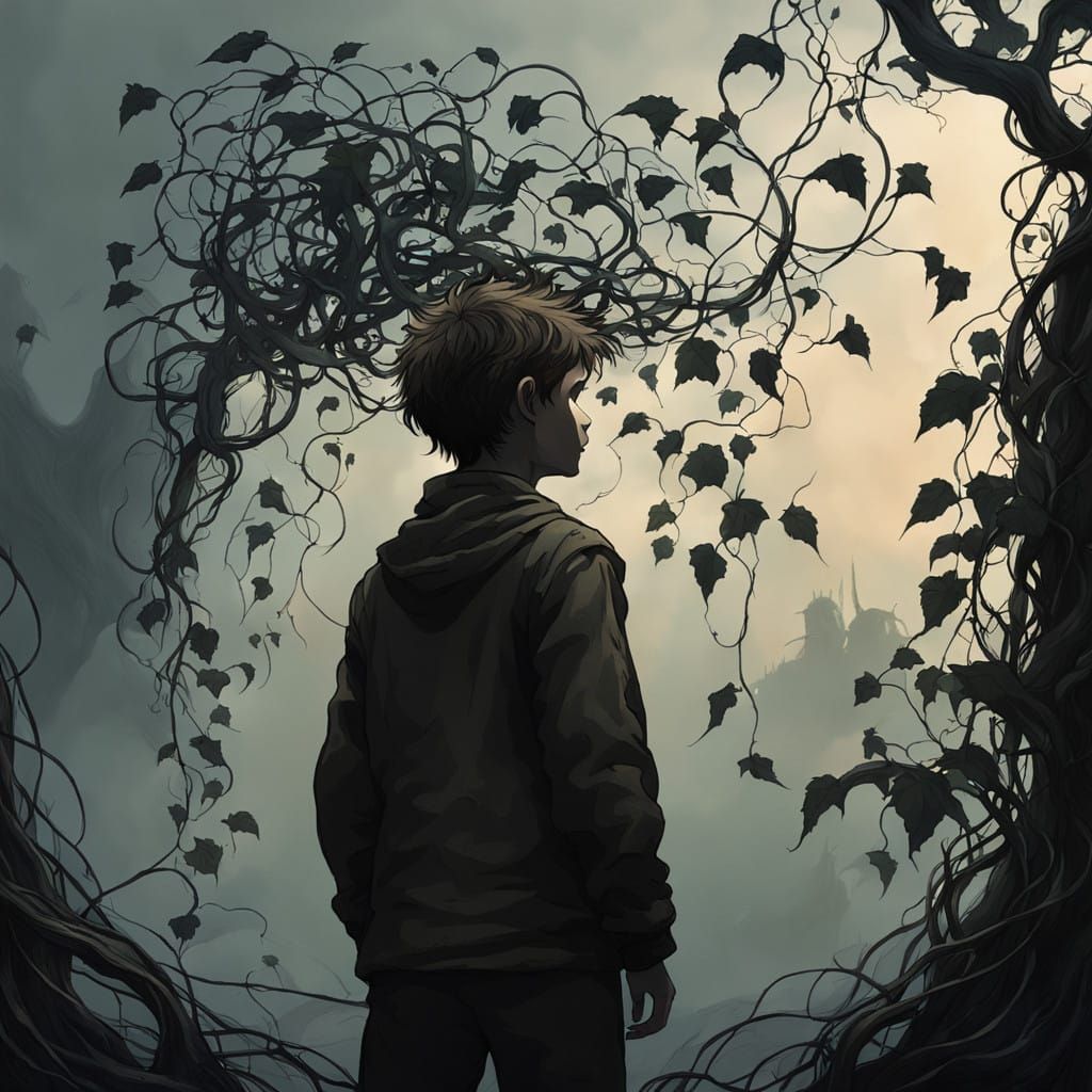 Boy Vanishes into Shadowy Vine with Glowing Leaves