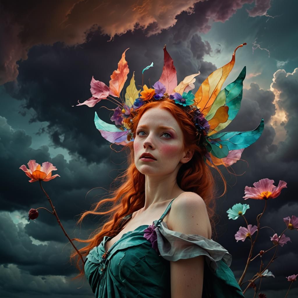 Fiery Fairy in Stormy Sky: Surreal Portrait