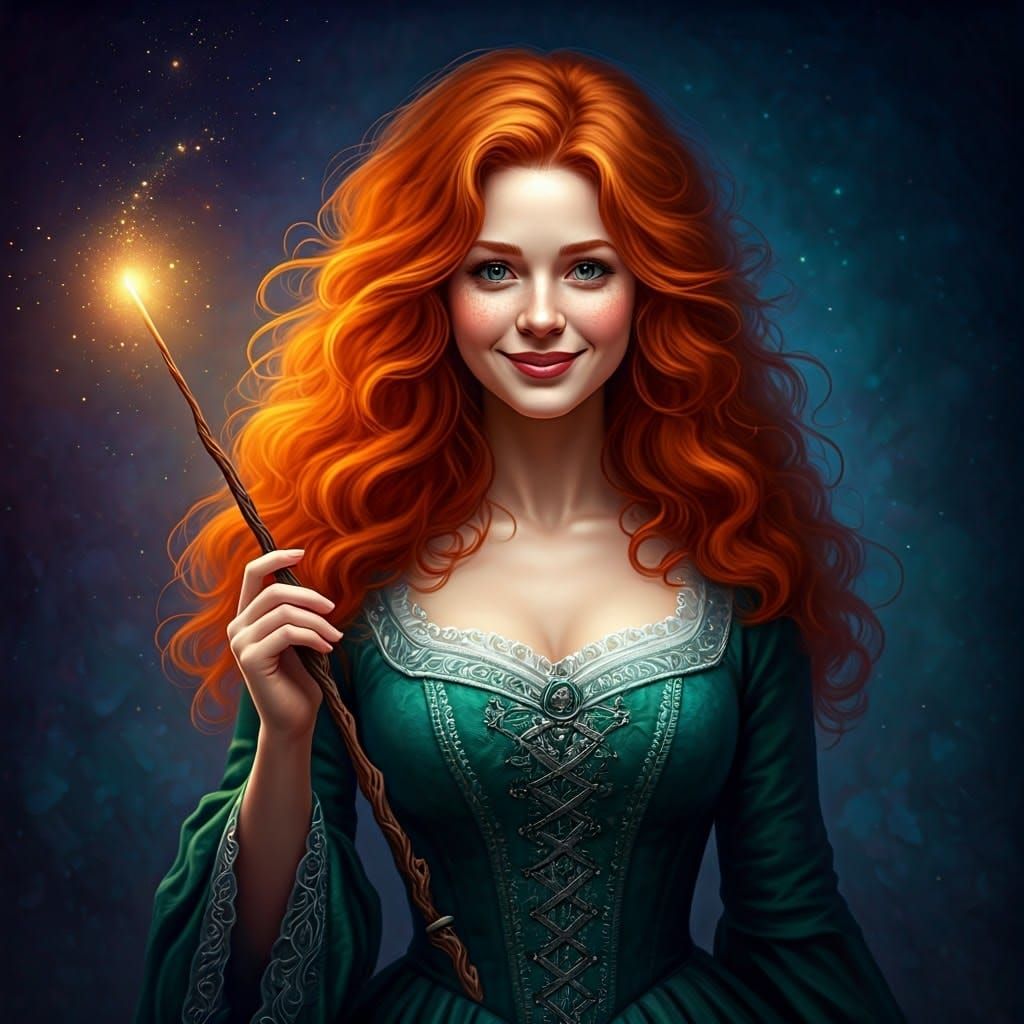 Redhead Witch Casting Spell in Hyperrealistic Style