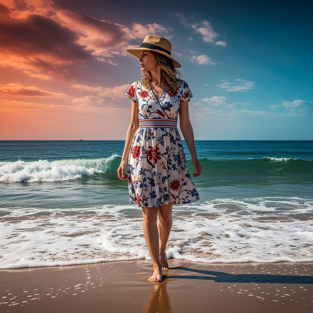 Hyperrealistic Woman on Beach in Summer Dress