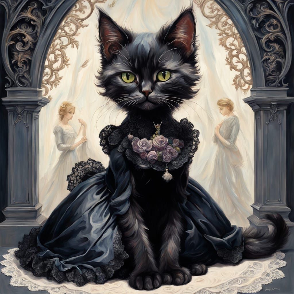 Gothic Portrait in Impasto Oil, Whimsical Feline Figure