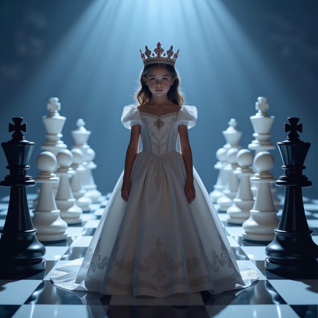 Young Queen on Giant Chessboard with Imposing Pieces