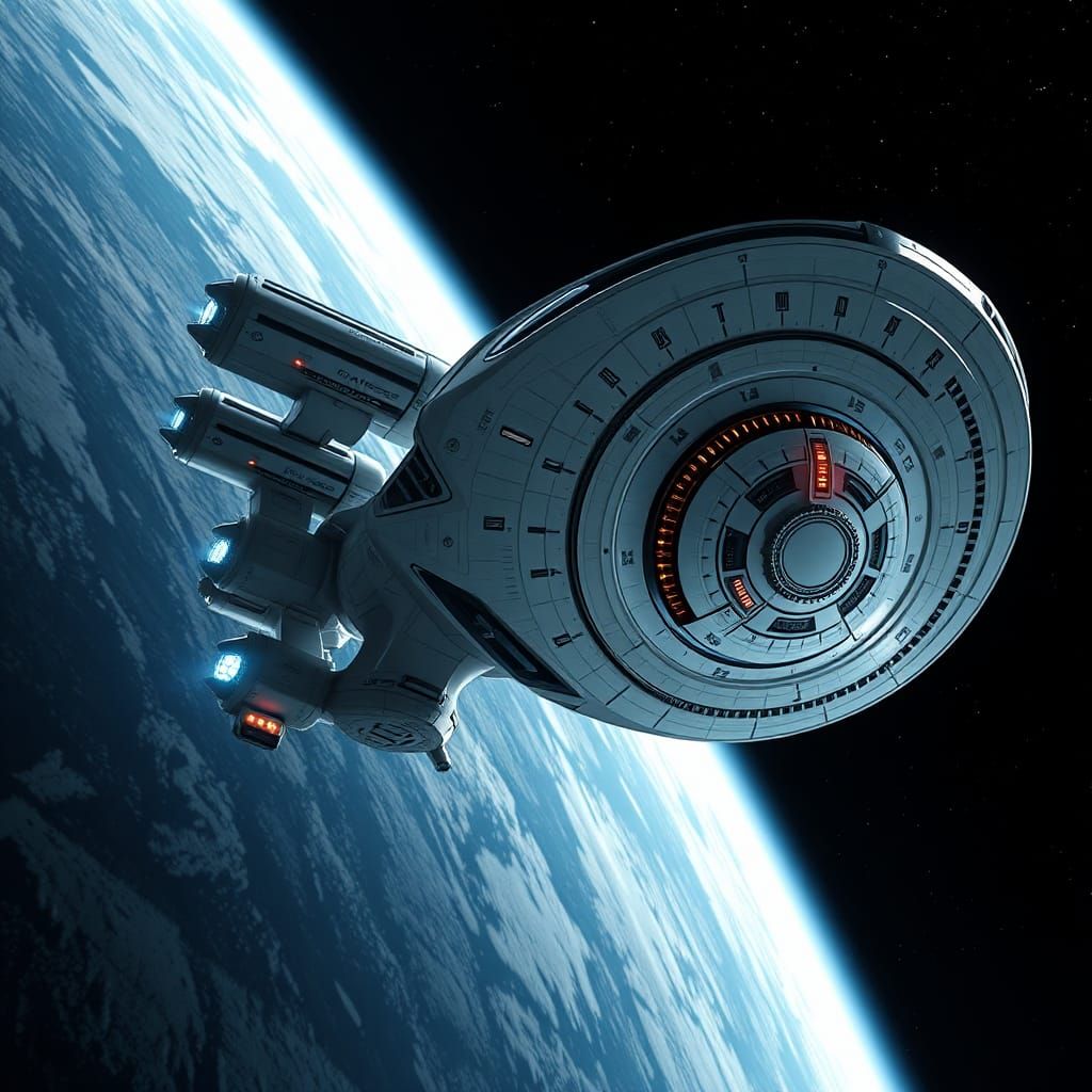 Wide angle camera view,  Star Trek enterprise spaceship, sid...