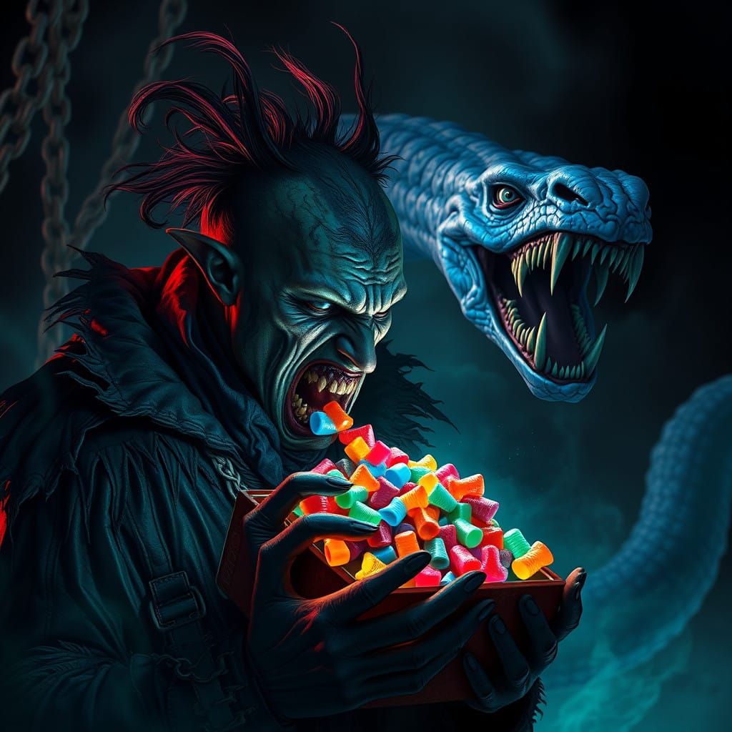 Gothic Horror Figure Devours Candy as a Dark Serpentine Worm...