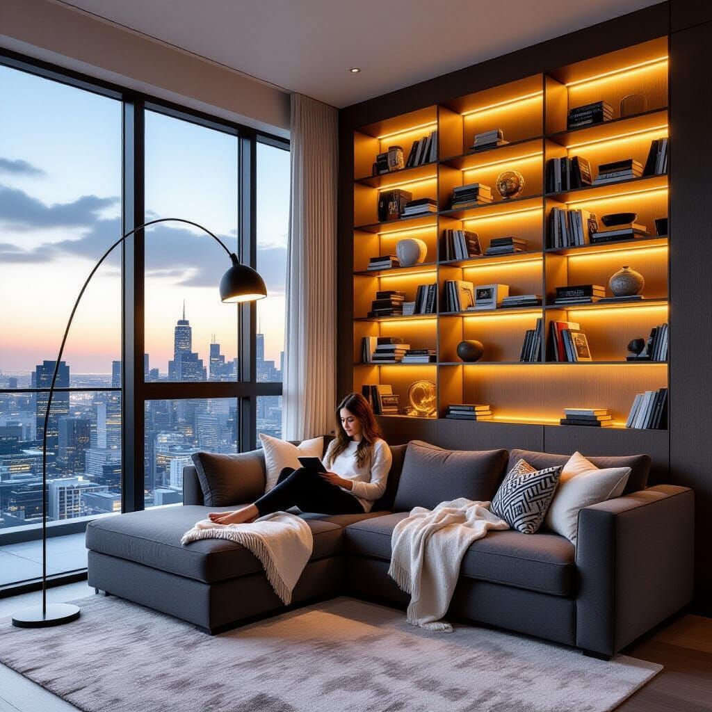 Urban Reading Nook Overlooking City Skyline at Dusk
