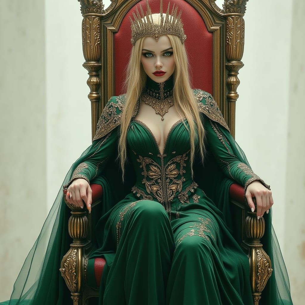 Fantasy Queen in Green Dress on Throne