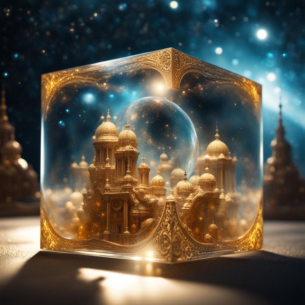 Blown Glass Galaxy Cube with Golden Carvings