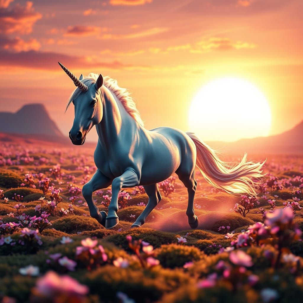 Unicorn Galloping Through Alien Flower Field, Hyperrealistic...
